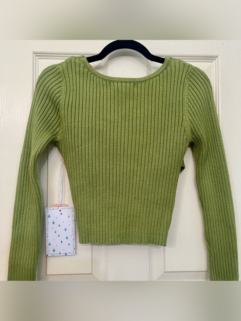 Sweet Rain NWT Green Ribbed Cross Front Crop Sweater Size L NWT - Picture 4 of 6